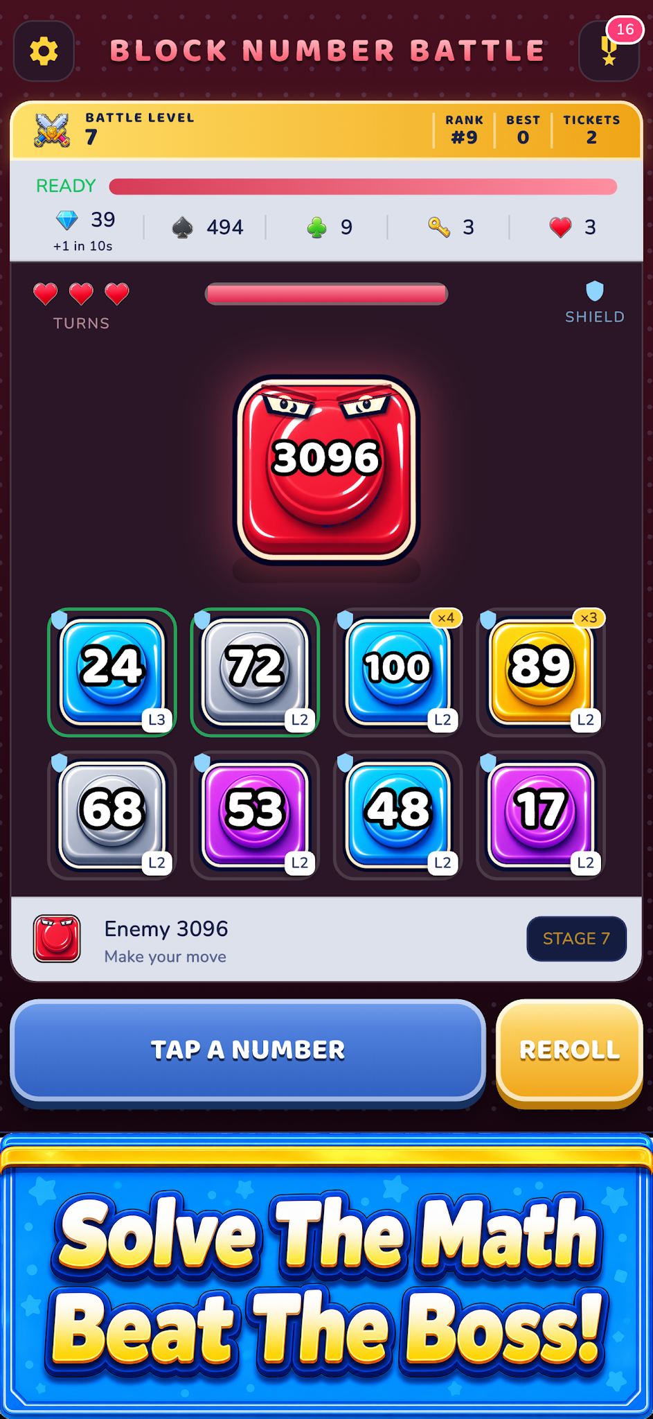 Block Number Gacha store screenshot showing a boss battle